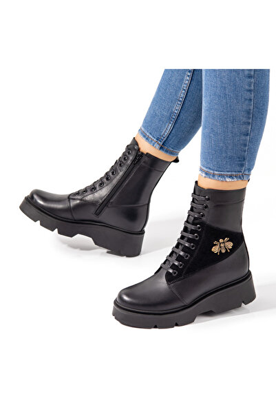 Modlet.ro Women's black leather boots with zipper and metallic accessory MOD1...