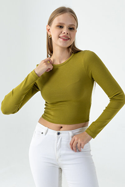 GİYSA Women's Crew Neck Cotton Basic Bodysuit Green - Mw0000832