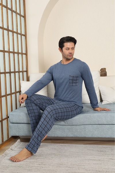 STELLAPİNK Erkek Penye Ekoseli Siyah Uzun Pijama Takımı