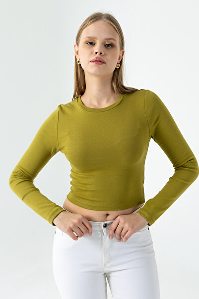 GİYSA Women's Crew Neck Cotton Basic Bodysuit Green - Mw0000832
