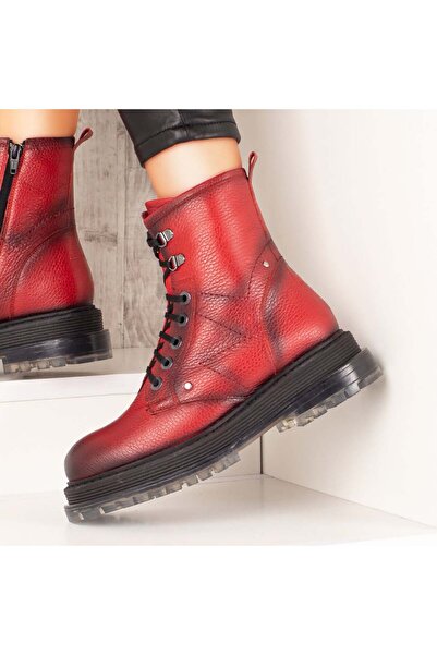 Modlet.ro Women's red leather lace-up and zipper boots MOD07571