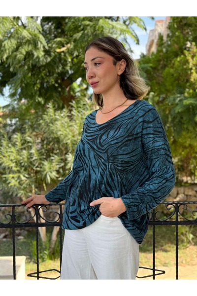 Punta Otantik Nc11285 Italian V-Neck Zebra Pattern Knitwear Blouse Petrol