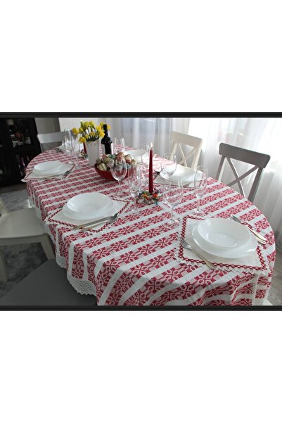 Nicoratex Față de masă albă cu inserție roșie și dantelă albă cu set de 6 șer...