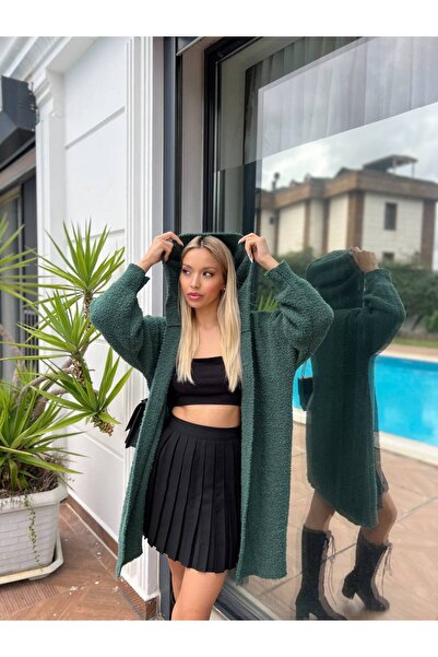 For Angels Hooded Long Boucle Cardigan