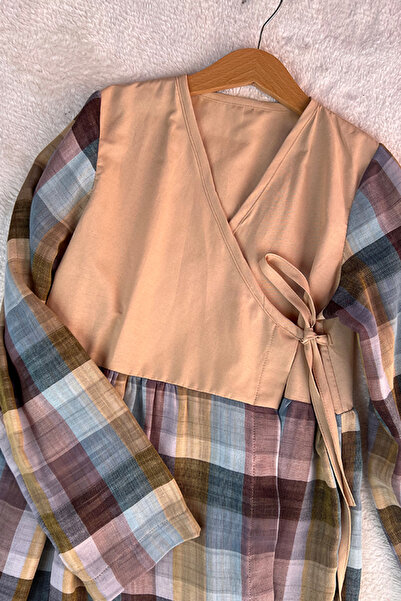 Masnu Çocuk Kız Çocuk Krem Kahverengi Mavi Kareli Pamuklu Müslin Namaz Elbisesi