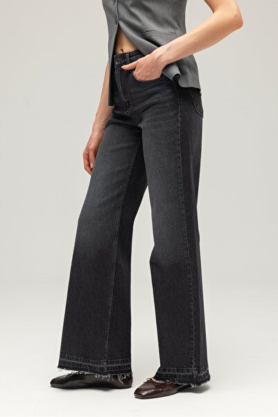 Saade Siyah Kadın Yüksek Bel Wide Leg Jean Pantolon - Paça Detaylı