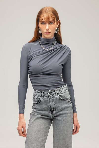 Saade Antrasit Kadın Drapeli Boğazlı Uzun Kollu Örme Bluz - Slim Fit