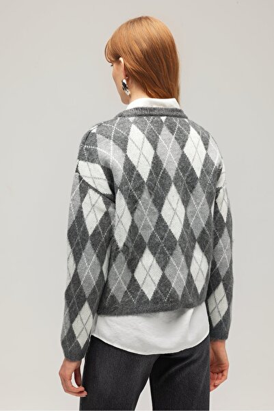 Saade Anthracite Women's Plaid Patterned Knitwear Sweater
