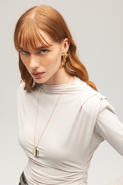 Saade Stone Women's Shoulder Padded Draped Long Sleeve Knitted Blouse - Pleated Detail