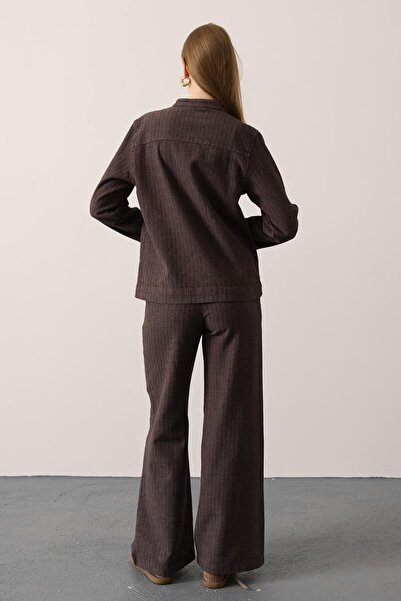 VAGGON Kadın Kahve Hakim Yaka Bağcıklı Bluz Ve Beli Lastikli Pantolon Takım Vs01259