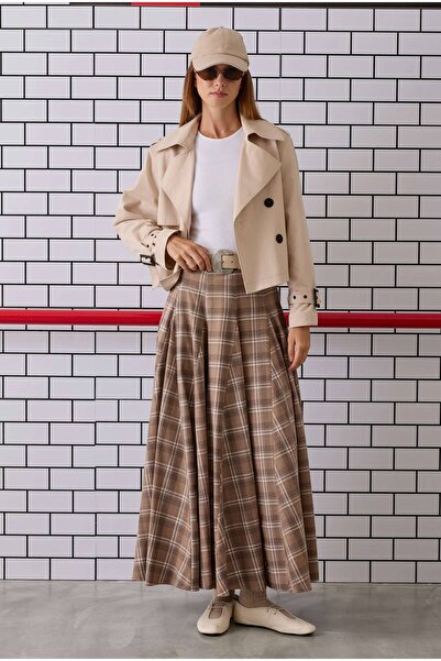 HEQA Volanlı Ekose Etek Bej