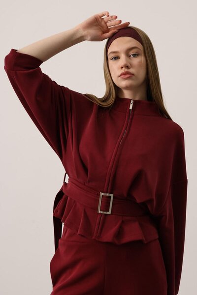 VAGGON Kadın Bordo Fermuarlı Kemer Detaylı Dik Yaka Bluz Vs01261