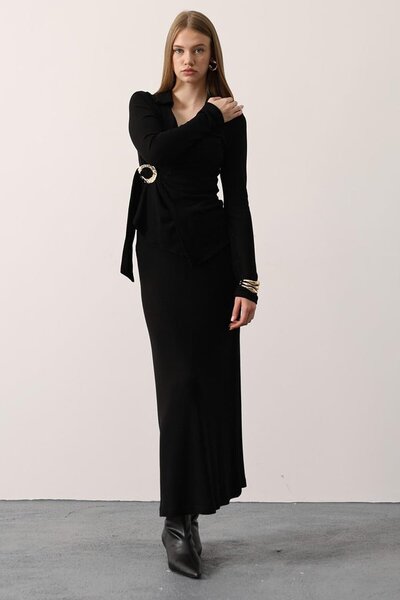 VAGGON Women's Black Gold Buckle Detailed Blouse and Elastic Waist Midi Skirt Soft Set Vs01258