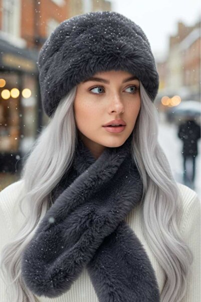 Trenderrs طقم قبعة وشال شتوي نباتي من الفرو الصناعي للنساء