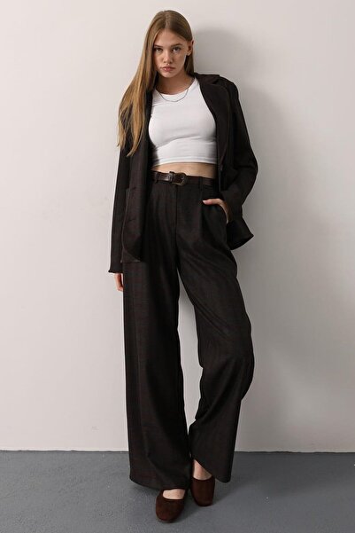 VAGGON Women's Brown Double Pocket Plaid Patterned Palazzo Pants Vs01264
