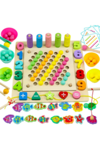 RCO Joc din lemn Montessori multifunctional 6 in 1 stivuire piese, pescuit ma...