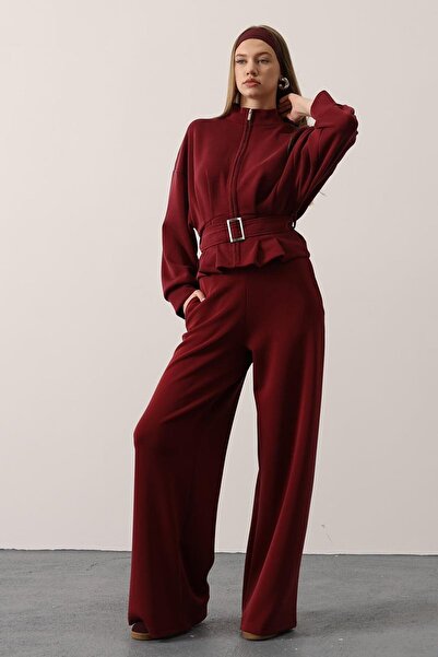 VAGGON Kadın Bordo Çift Cepli Beli Lastikli Palazzo Pantolon Vs01260