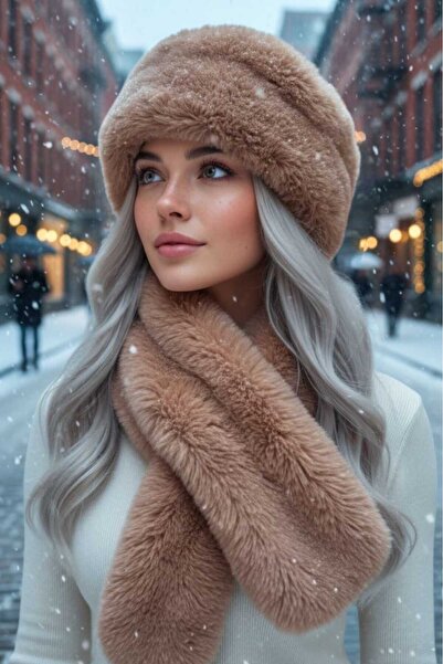 Trenderrs Set de pălărie și eșarfă din pluș din blană vegană de iarnă pentru ...