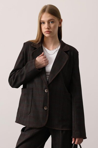 VAGGON Women's Brown Plaid Patterned Double Pocket Blazer Jacket Vs01263