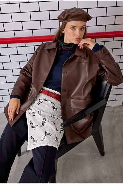 HEQA Спортивний шкіряний піджак, кавовий колір