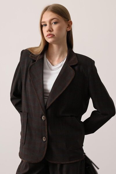 VAGGON Women's Brown Plaid Patterned Double Pocket Blazer Jacket Vs01263