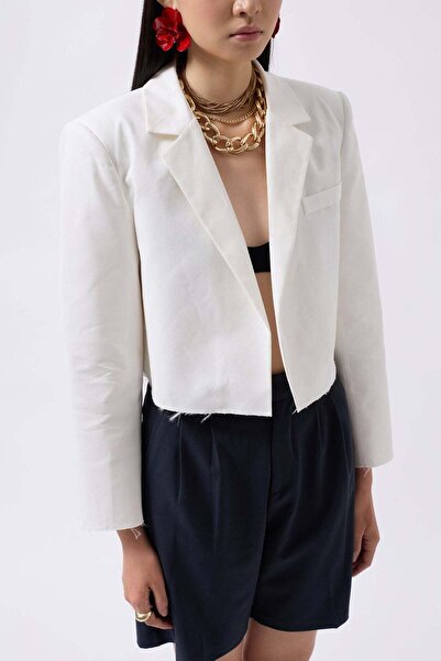 Maxi modena Crop Linen Blazer White Jacket - L