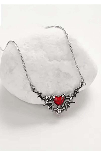 Köstebek Silver Gotik Red Herat Bats Kolye