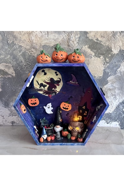 Kumsal Hobi Sanat Cadılar Bayramı Temalı Derinlikli Ahşap Pano ve 3lü Balkaba...