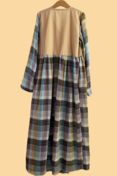 Masnu Çocuk Kız Çocuk Krem Kahverengi Mavi Kareli Pamuklu Müslin Namaz Elbisesi