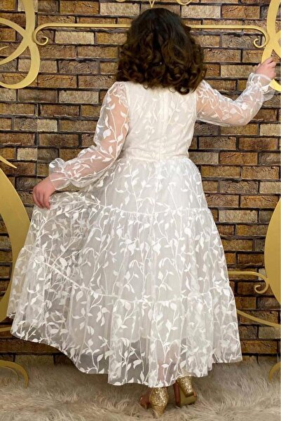 Riccotarz Girl's White Dress with Transparent Tulle on the Sleeves and Collar and Leaf Detailing