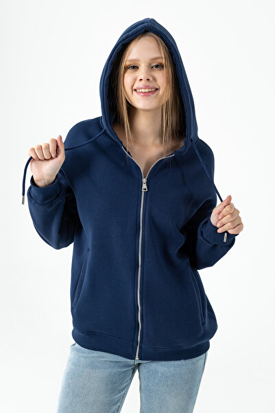 GİYSA Жіночий худі з капюшоном, блискавкою та двома кишенями, 3 нитки, темно-синій - 264402
