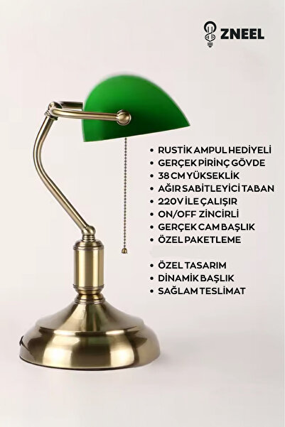 Genel Markalar Cam Başlıklı Gerçek Pirinç Gövdeli Bankers Masa Lambası – Dinamik Oynar Başlık, Sağlam Taban.