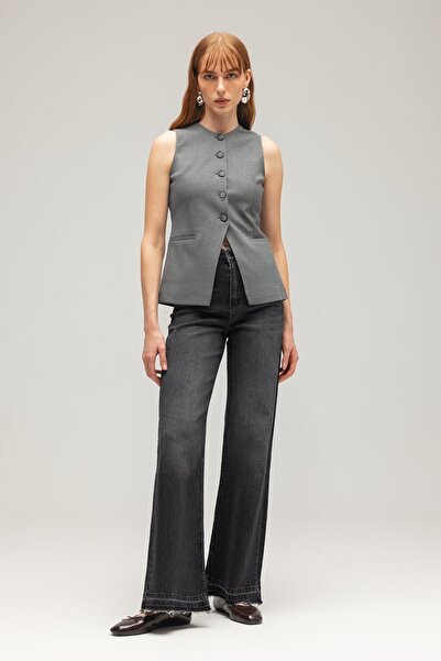 Saade Siyah Kadın Yüksek Bel Wide Leg Jean Pantolon - Paça Detaylı