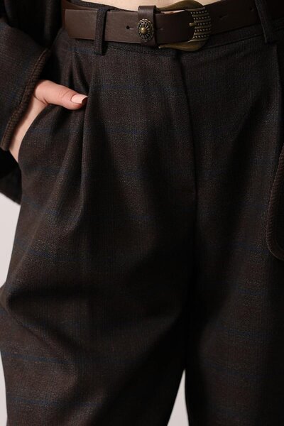 VAGGON Kadın Kahve Çift Cepli Ekose Desenli Palazzo Pantolon Vs01264