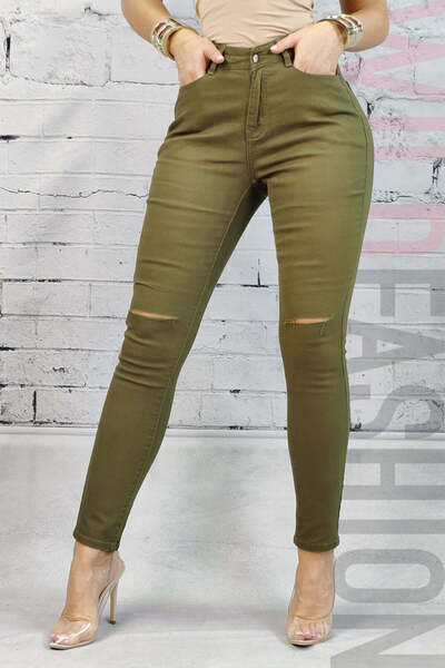 WildFashion Blugi skinny cu talie inalta si taieturi la nivelul genunchilor C...