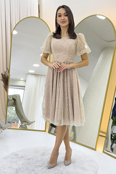 the ZKS Kadın Balon Kol Simli Kloş Midi Boy Abiye Elbise Su Yeşili, Siyah,Bey...