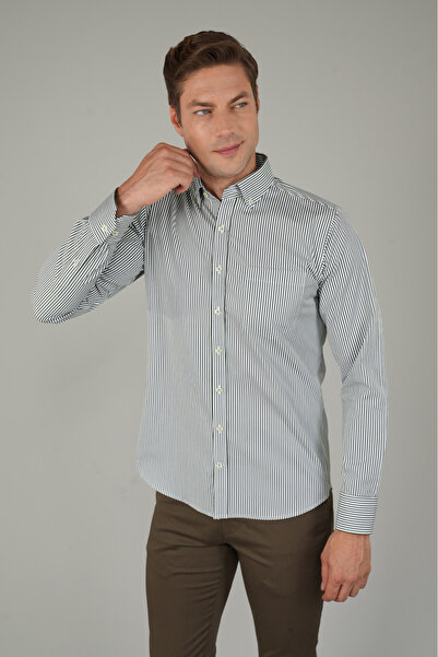 Bisse Erkek Uzun Kollu Düğmeli Paşa Yaka Yeşil Çizgili Gömlek