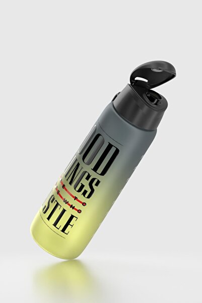 Renga Pera Double Color Text Patterned 820 ml Strap Mat Tritan Water Bottle 912134 Black-Yellow