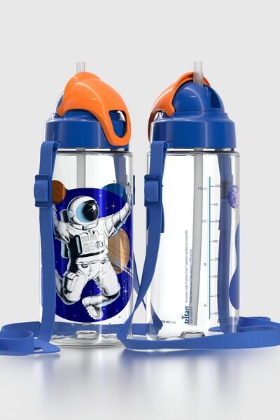 Renga Sonic Air Astronaut Patterned 500 ml Tritan Children's Water Bottle with Strap and Straw 912059 Blue-Orange