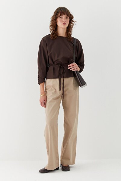 MARKALİSTE Μπλούζα με κορδόνια και ζώνη καφέ