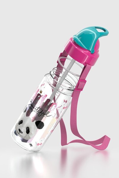 Renga Sonic Air Panda Patterned 500 ml Tritan Children's Water Bottle with Strap and Straw 912059 Pink-Mint