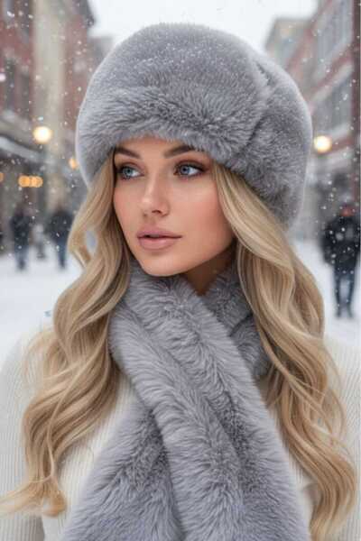 Mood Agenda طقم قبعة وشال شتوي نباتي من الفرو الصناعي للنساء