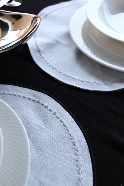 YXL HOME American Service 2-Piece Linen Gray Glitter Embroidered Round Luxury Dining Table Set