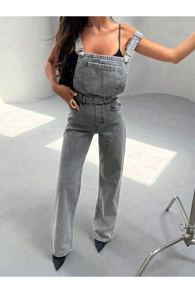 SHEVEGA Women's Snow Black Kangaroo Pocket Baggy Jeans Bahçevan Tulip Jumpsuit