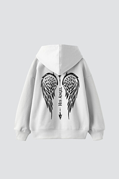 Bak Moda هودي أبيض كبير الحجم مطبوع عليه His Angel للجنسين