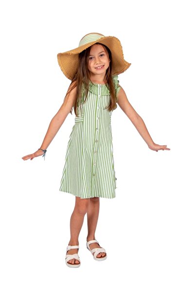 Ozmoz By Mukadder Özden Striped Ruffle Green Summer Girls' Dress