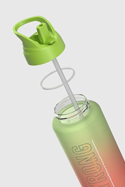 Renga Moly Double Color Text Patterned 1000 ml Matte Tritan Flask with Straw 912117 Green-Orange
