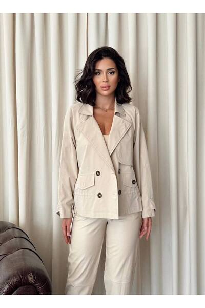 MİSSCİXFASHİON سترة نسائية ذات مظهر ترنش كوتون بأزرار مزدوجة