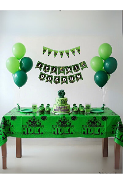 Umamiçe Hulk Temalı Parti Süsleri Seti (Flama, Banner, Masa Örtüsü)