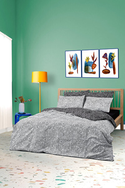 Cozy Home Mono Double Size Fitted Sheet Duvet Cover Set Maze Black